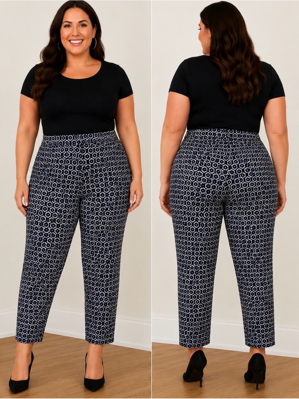 Melissa Paige Women’s Pull-On Cropped Pants 2X Black Blue Geometric High Rise
